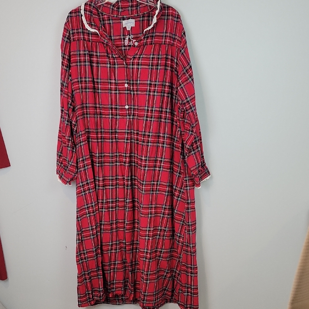 Lanz of Salzburg Long Plaid Cotton Flannel Nightgown